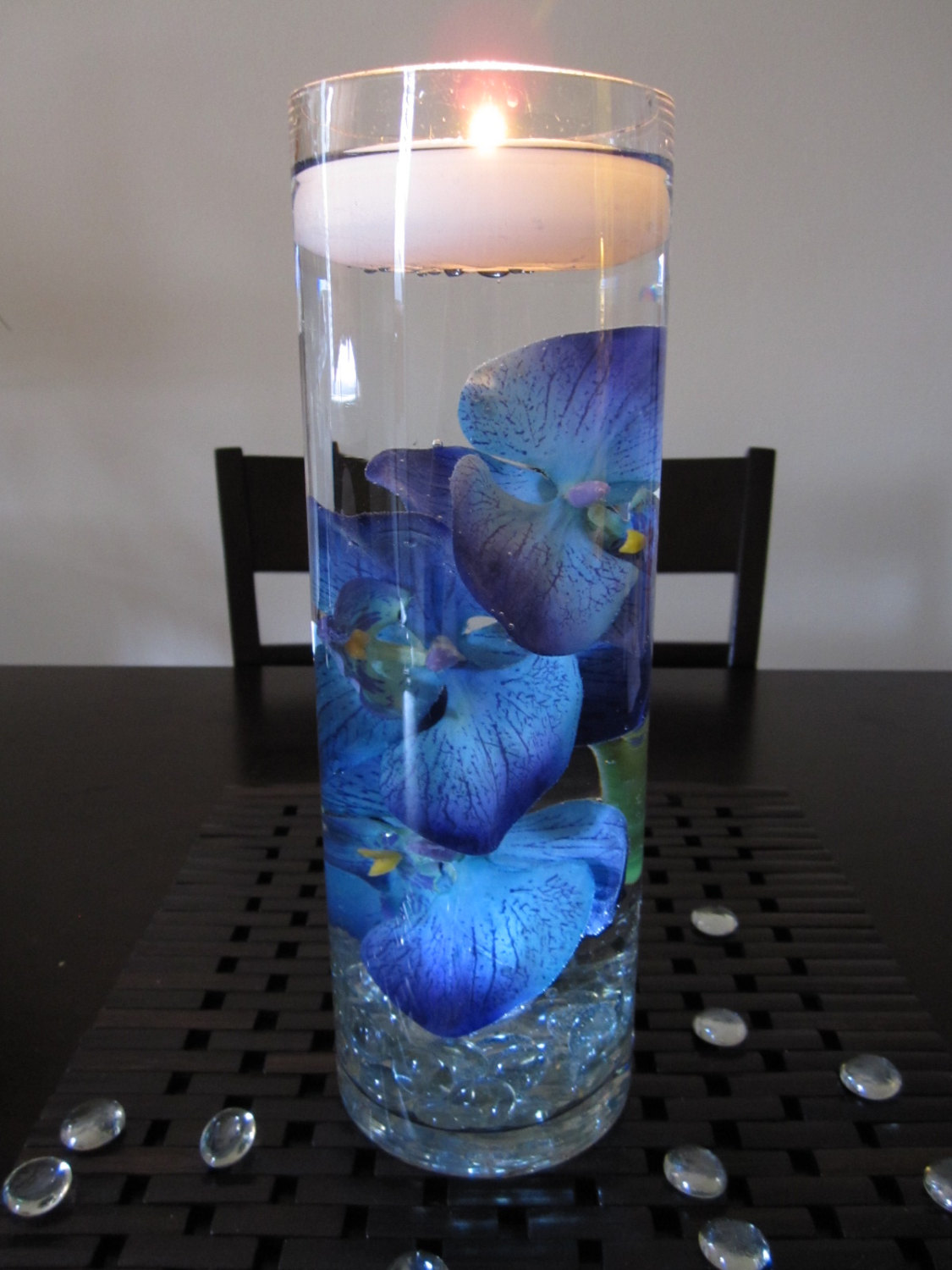 submerge blue floral with floating candle