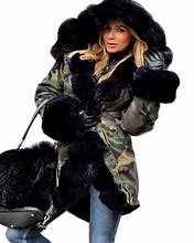 Women Parka Army Fatigue black  Fur hooded jacket